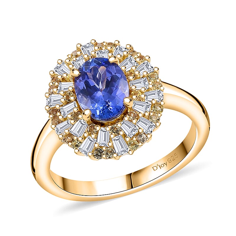 D'Joy Tanzanite, Yellow Sapphire and Moissanite 1.90 ctw Radiant Harmony Ring in 18K Vermeil Yellow Gold Over Sterling Silver (Size 10.0)