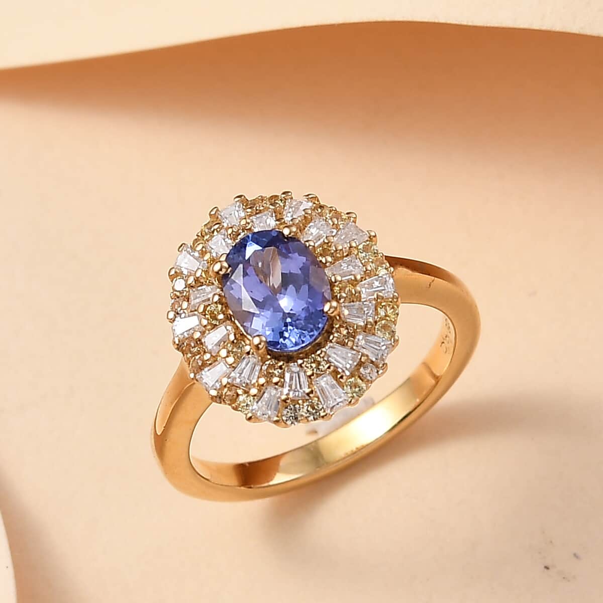 Tanzanite, Yellow Sapphire and Moissanite 1.90 ctw Radiant Harmony Ring in 18K Vermeil Yellow Gold Over Sterling Silver (Size 10.0) image number 1