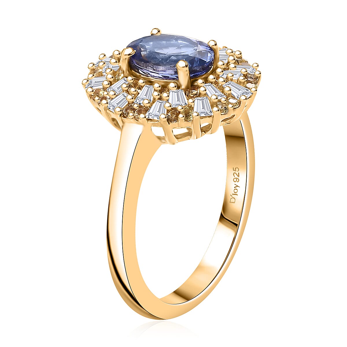 D'Joy Tanzanite, Yellow Sapphire and Moissanite 1.90 ctw Radiant Harmony Ring in 18K Vermeil Yellow Gold Over Sterling Silver (Size 10.0)