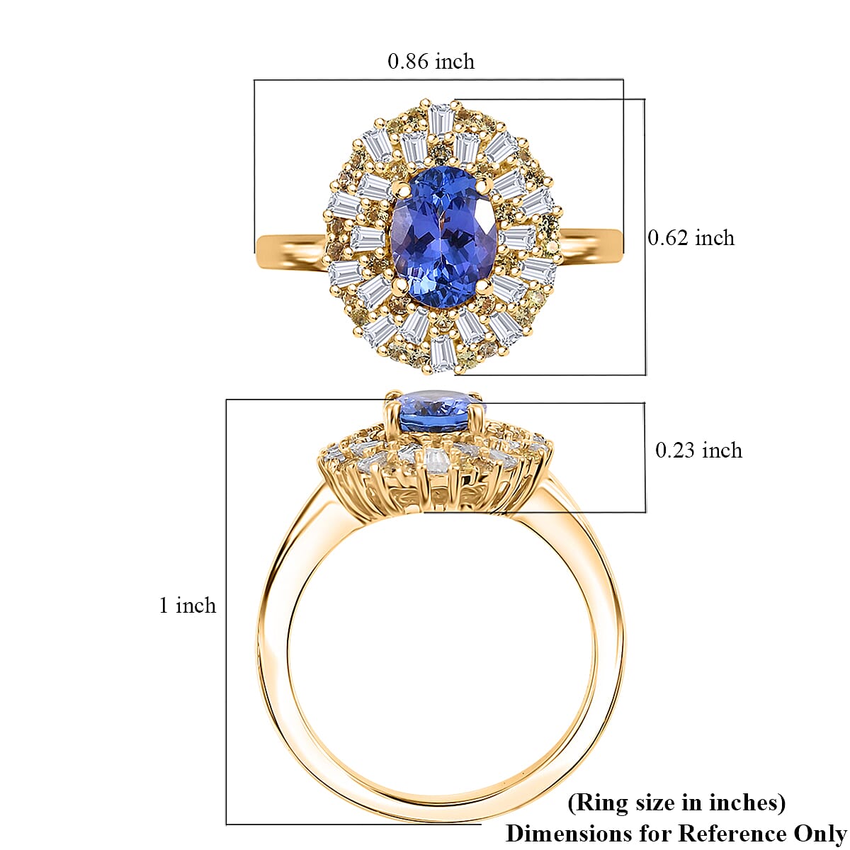 D'Joy Tanzanite, Yellow Sapphire and Moissanite 1.90 ctw Radiant Harmony Ring in 18K Vermeil Yellow Gold Over Sterling Silver (Size 10.0)