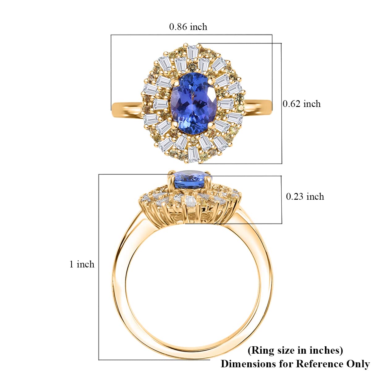 Tanzanite, Yellow Sapphire and Moissanite 1.90 ctw Radiant Harmony Ring in 18K Vermeil Yellow Gold Over Sterling Silver (Size 10.0) image number 5