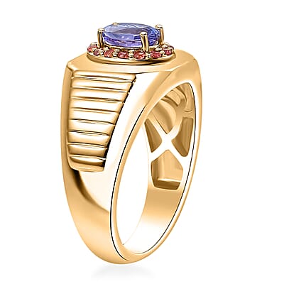 Premium Tanzanite and Padparadscha Sapphire (BT) 1.15 ctw Men's Ring in 18K Vermeil Yellow Gold Over Sterling Silver (Size 10.0)