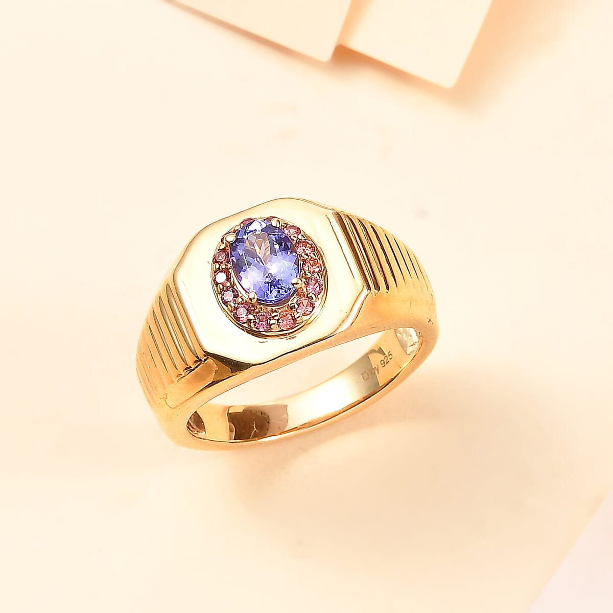 D'Joy Premium Tanzanite and Padparadscha Sapphire (BT) 1.15 ctw Men's Ring in 18K Vermeil Yellow Gold Over Sterling Silver (Size 9.0) image number 1