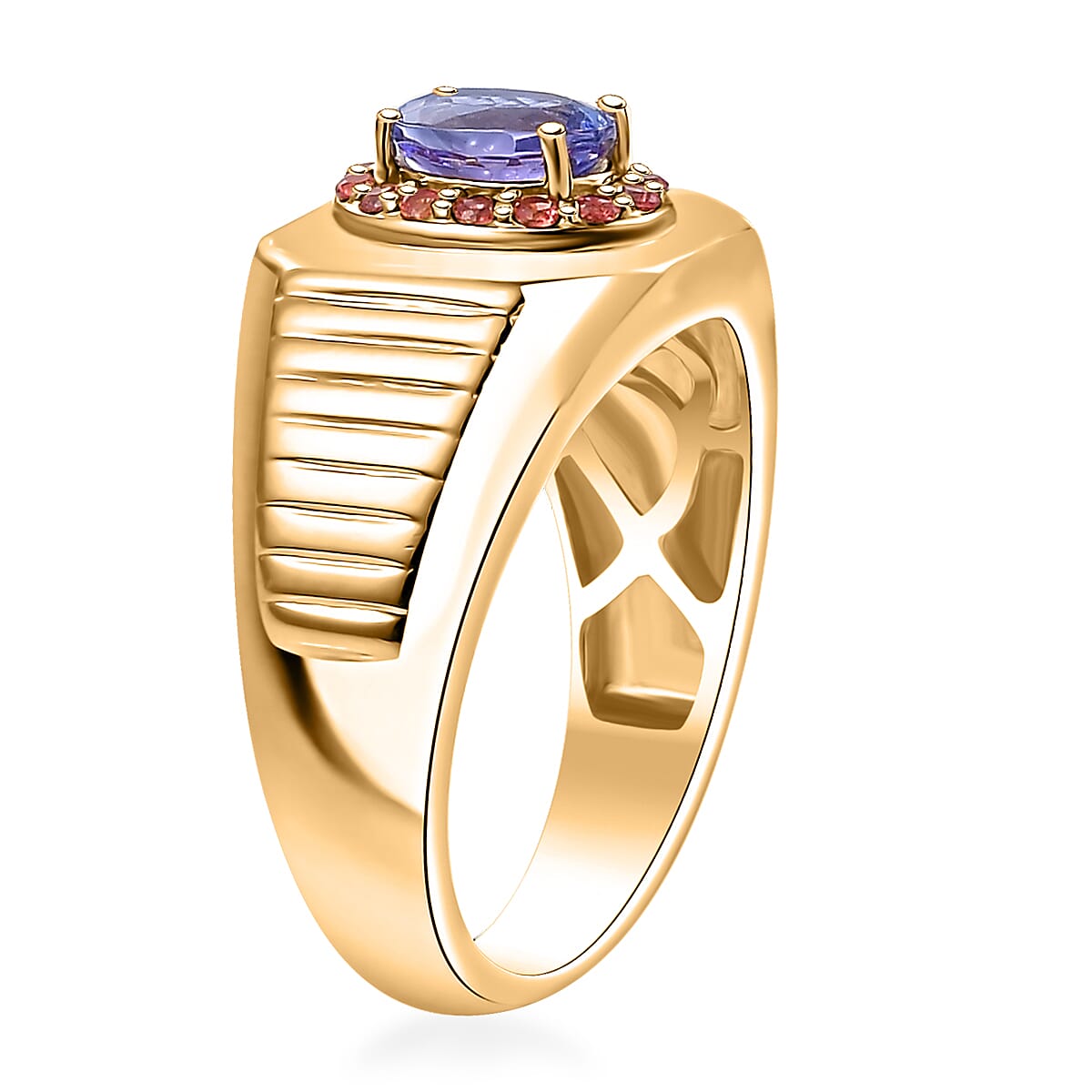 D'Joy Premium Tanzanite and Padparadscha Sapphire (BT) 1.15 ctw Men's Ring in 18K Vermeil Yellow Gold Over Sterling Silver (Size 9.0) image number 3