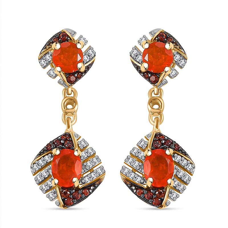 D'Joy AAA Buriti Fire Opal, Brown and White Zircon 1.35 ctw Phoenix Ember Earrings in 18K Vermeil Yellow Gold Over Sterling Silver