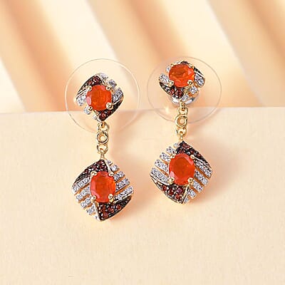 D'Joy AAA Buriti Fire Opal, Brown and White Zircon 1.35 ctw Phoenix Ember Earrings in 18K Vermeil Yellow Gold Over Sterling Silver