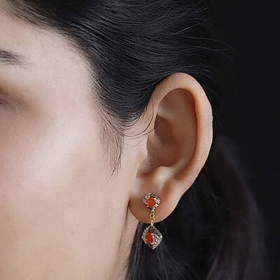 D'Joy AAA Buriti Fire Opal, Brown and White Zircon 1.35 ctw Phoenix Ember Earrings in 18K Vermeil Yellow Gold Over Sterling Silver