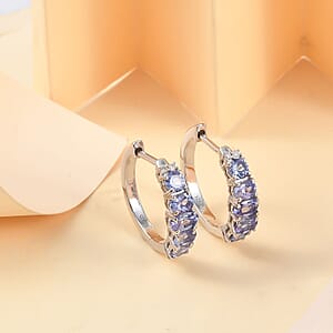 D'Joy Tanzanite and Moissanite 1.85 ctw Hoop Earrings in Rhodium Over Sterling Silver