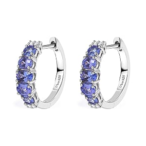 D'Joy Tanzanite and Moissanite 1.85 ctw Hoop Earrings in Rhodium Over Sterling Silver