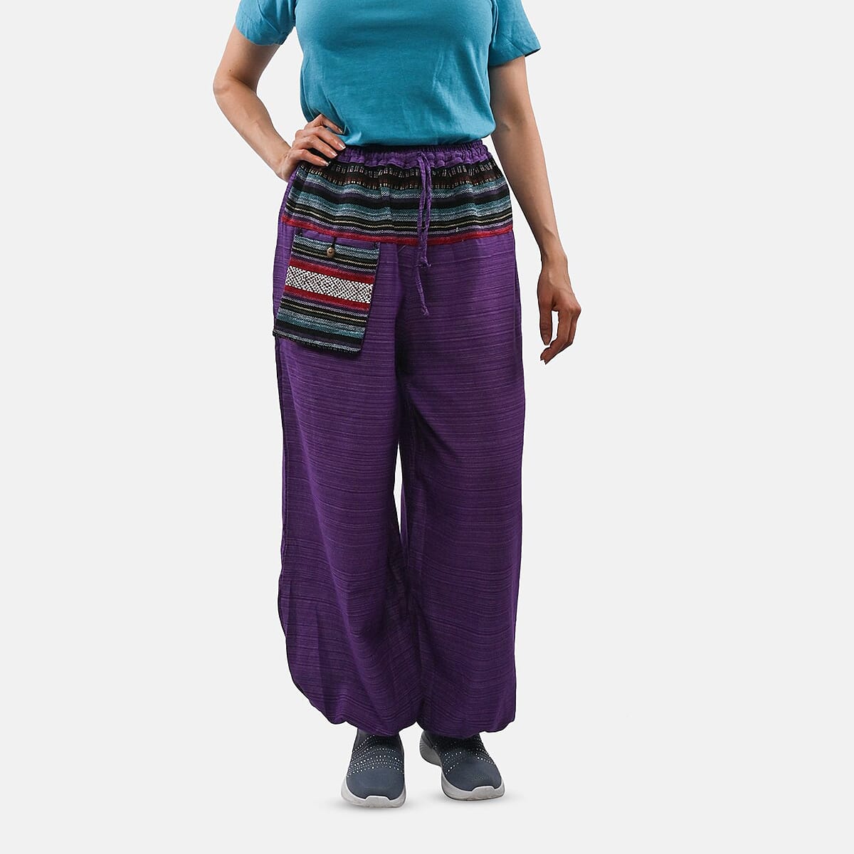 Purple Jacquard Weave 100% Cotton Harem Pant with Front Pocket - One Size Fits Most image number 3