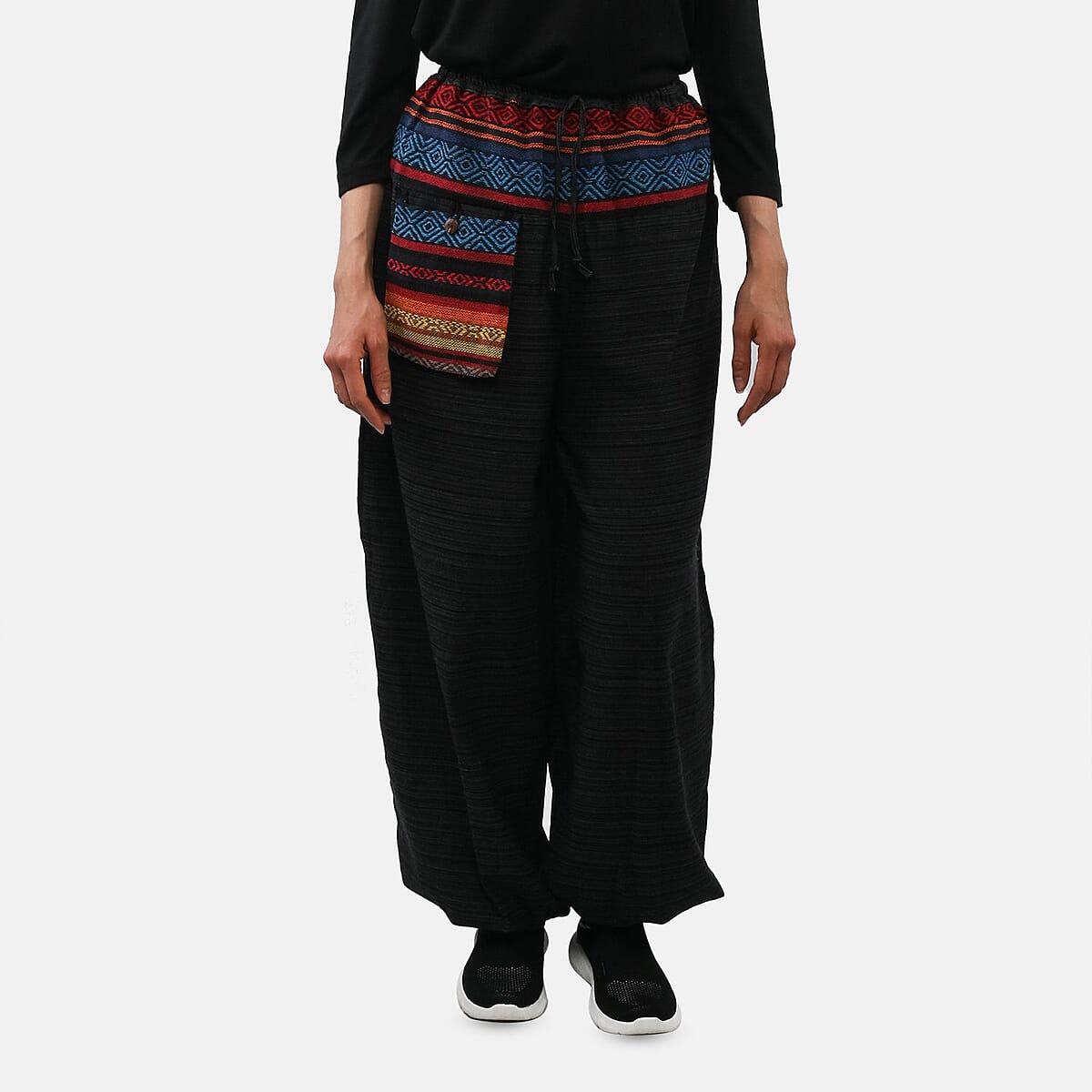 Black Jacquard Weave 100% Cotton Harem Pant with Front Pocket - One Size Fits Most image number 3