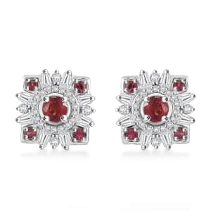 Premium Red Sapphire and Moissanite 1.10 ctw Floral Earrings in Rhodium Over Sterling Silver