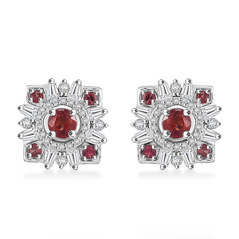 D'Joy Premium Red Sapphire and Moissanite 1.10 ctw Floral Earrings in Rhodium Over Sterling Silver