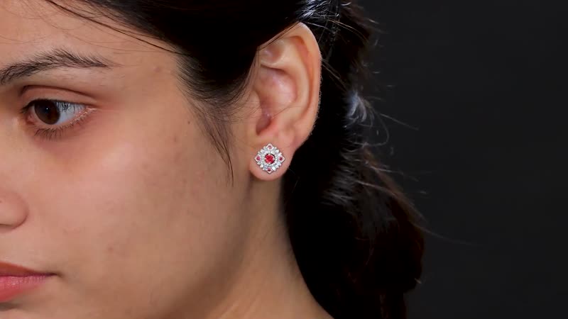 D'Joy Premium Red Sapphire and Moissanite 1.10 ctw Floral Earrings in Rhodium Over Sterling Silver