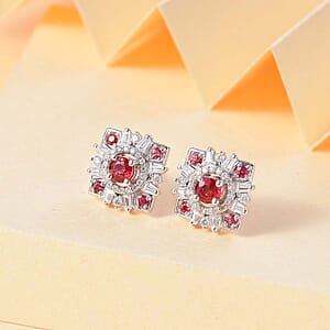D'Joy Premium Red Sapphire and Moissanite 1.10 ctw Floral Earrings in Rhodium Over Sterling Silver