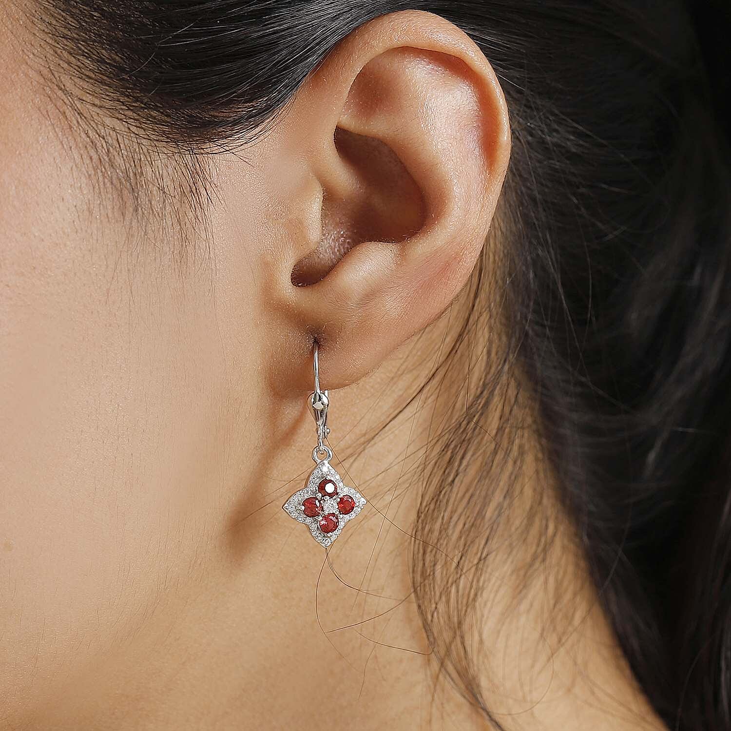 D'Joy Premium Red Sapphire and Moissanite 1.10 ctw Floral Earrings in Rhodium Over Sterling Silver