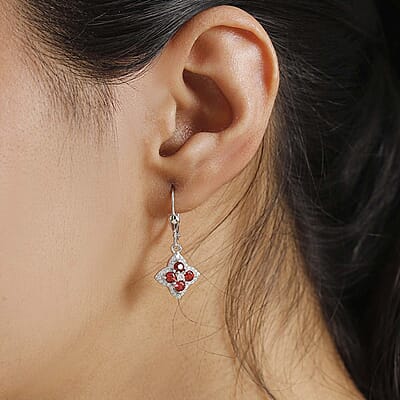 D'Joy Premium Red Sapphire and Moissanite 1.10 ctw Floral Earrings in Rhodium Over Sterling Silver