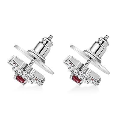 D'Joy Premium Red Sapphire and Moissanite 1.10 ctw Floral Earrings in Rhodium Over Sterling Silver