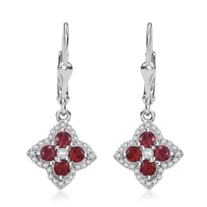 Premium Red Sapphire and Moissanite 1.75 ctw Clover Leaf Earrings in Rhodium Over Sterling Silver