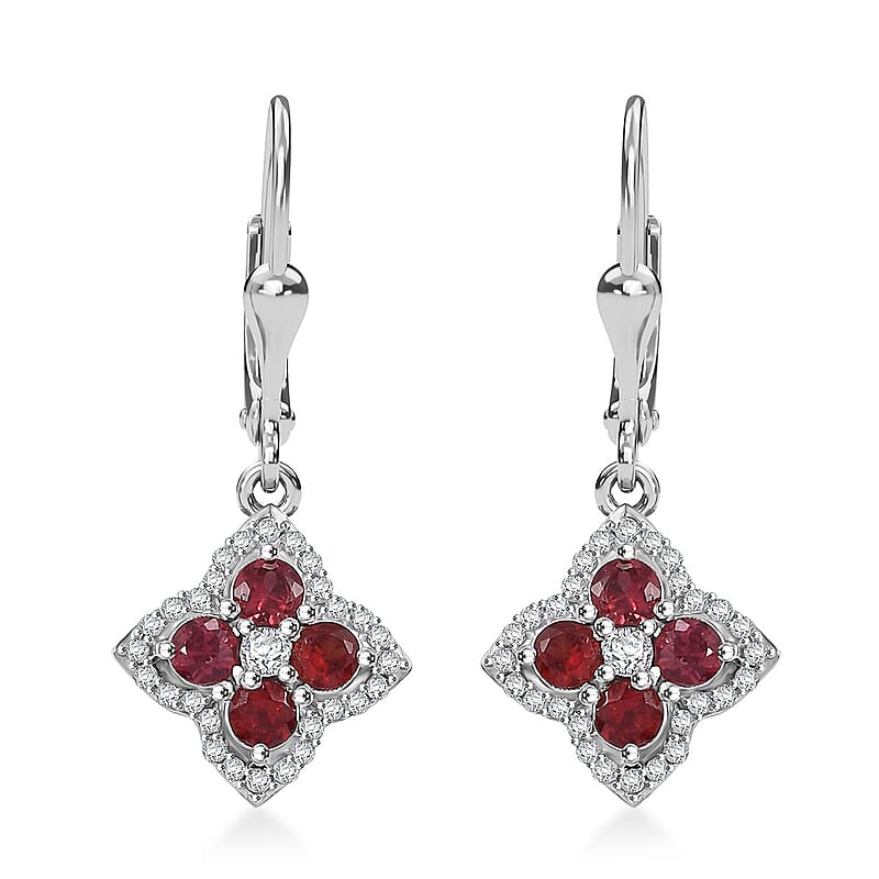 D'Joy Premium Red Sapphire and Moissanite 1.75 ctw Clover Leaf Earrings in Rhodium Over Sterling Silver