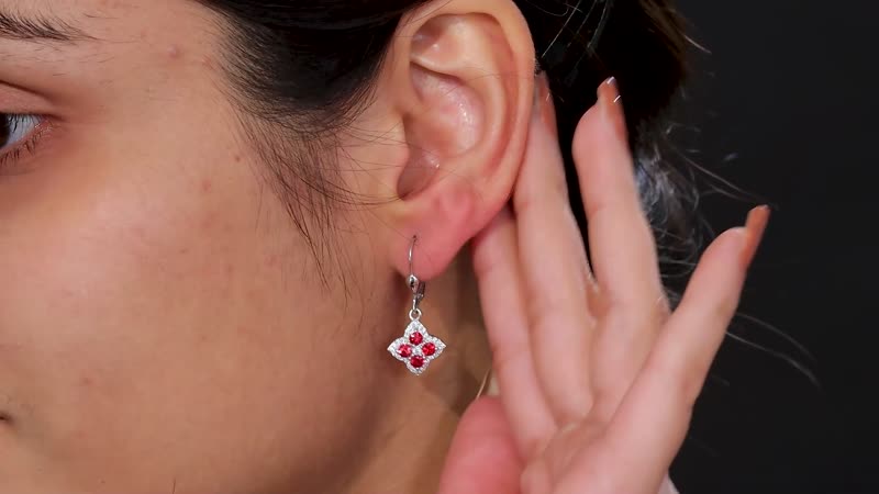 D'Joy Premium Red Sapphire and Moissanite 1.75 ctw Clover Leaf Earrings in Rhodium Over Sterling Silver