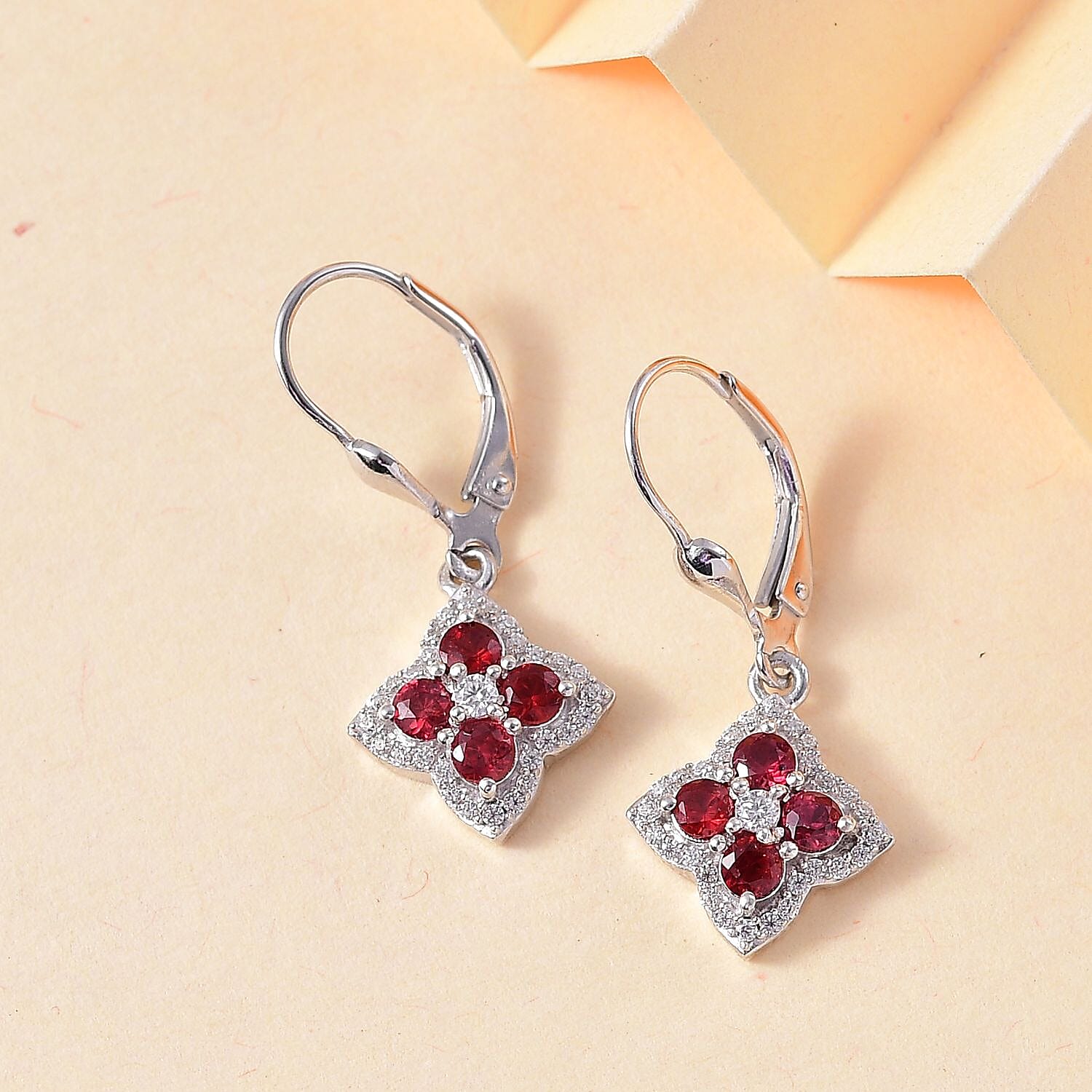 D'Joy Premium Red Sapphire and Moissanite 1.75 ctw Clover Leaf Earrings in Rhodium Over Sterling Silver