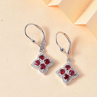 D'Joy Premium Red Sapphire and Moissanite 1.75 ctw Clover Leaf Earrings in Rhodium Over Sterling Silver