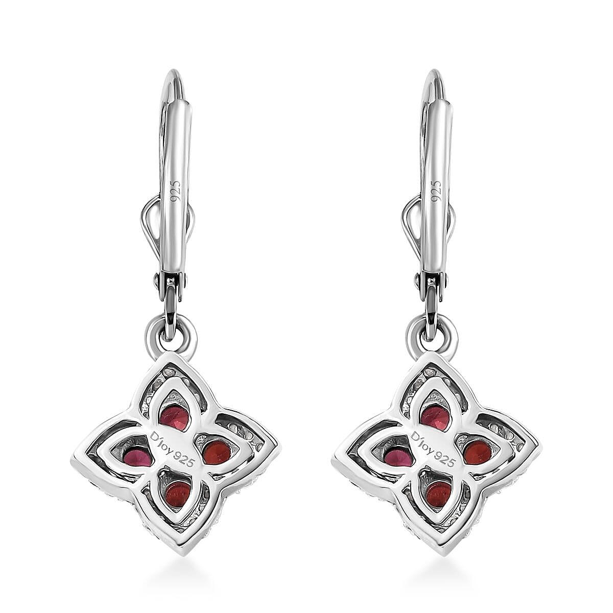 D'Joy Premium Red Sapphire and Moissanite 1.75 ctw Clover Leaf Earrings in Rhodium Over Sterling Silver
