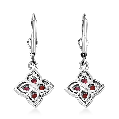 D'Joy Premium Red Sapphire and Moissanite 1.75 ctw Clover Leaf Earrings in Rhodium Over Sterling Silver