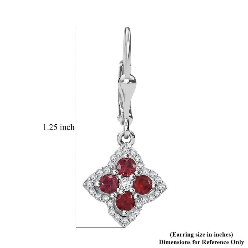 D'Joy Premium Red Sapphire and Moissanite 1.75 ctw Clover Leaf Earrings in Rhodium Over Sterling Silver