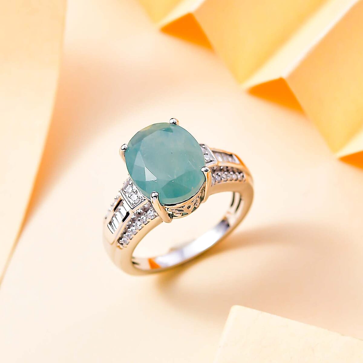 D'Joy Premium Grandidierite and Moissanite 5.65 ctw Art Deco Ring in Rhodium Over Sterling Silver (Size 9.0) image number 1