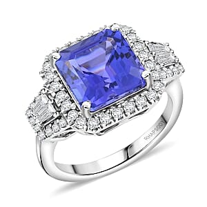 Certified and Appraised Rhapsody 950 Platinum AAAA Tanzanite, Diamond (E-F, VS) (0.59 cts) Ring (Size 5.0) (7.40 g) 4.50 ctw