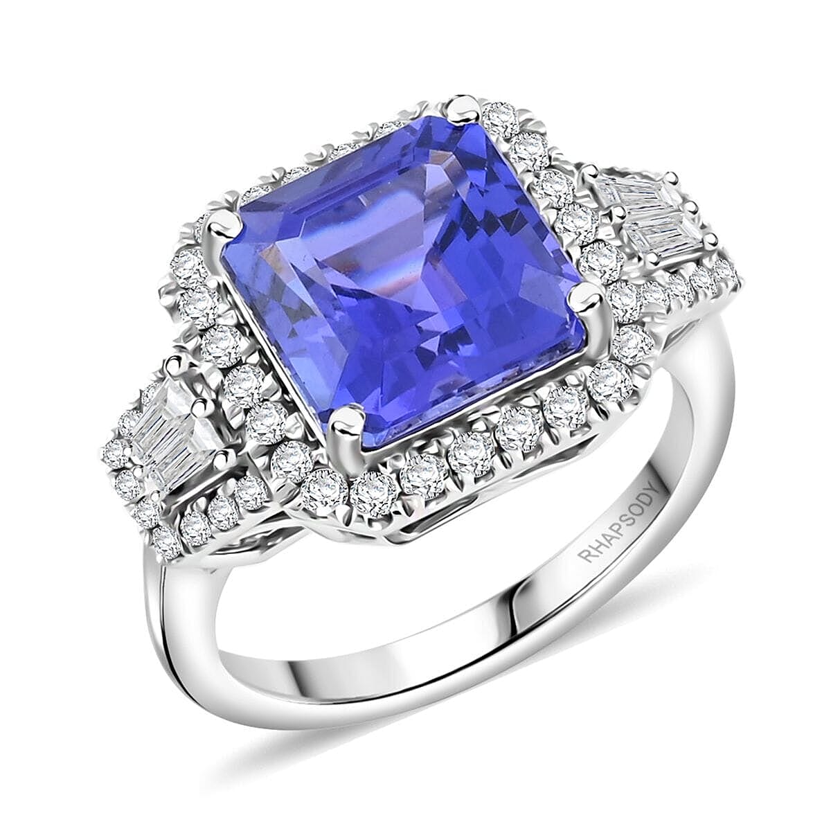 Certified and Appraised Rhapsody 950 Platinum AAAA Tanzanite, Diamond (E-F, VS) (0.59 cts) Ring (Size 5.5) (7.40 g) 4.50 ctw image number 0
