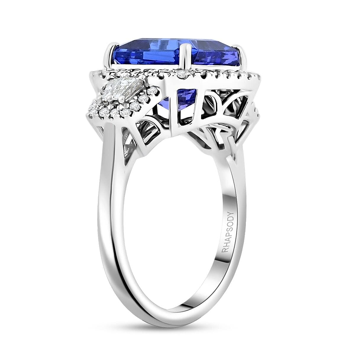 Certified and Appraised Rhapsody 950 Platinum AAAA Tanzanite, Diamond (E-F, VS) (0.59 cts) Ring (Size 5.5) (7.40 g) 4.50 ctw image number 3
