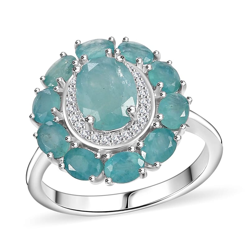 AAA Grandidierite, White Zircon Ring in Rhodium Over Sterling Silver (Size 10.0) 3.00 ctw
