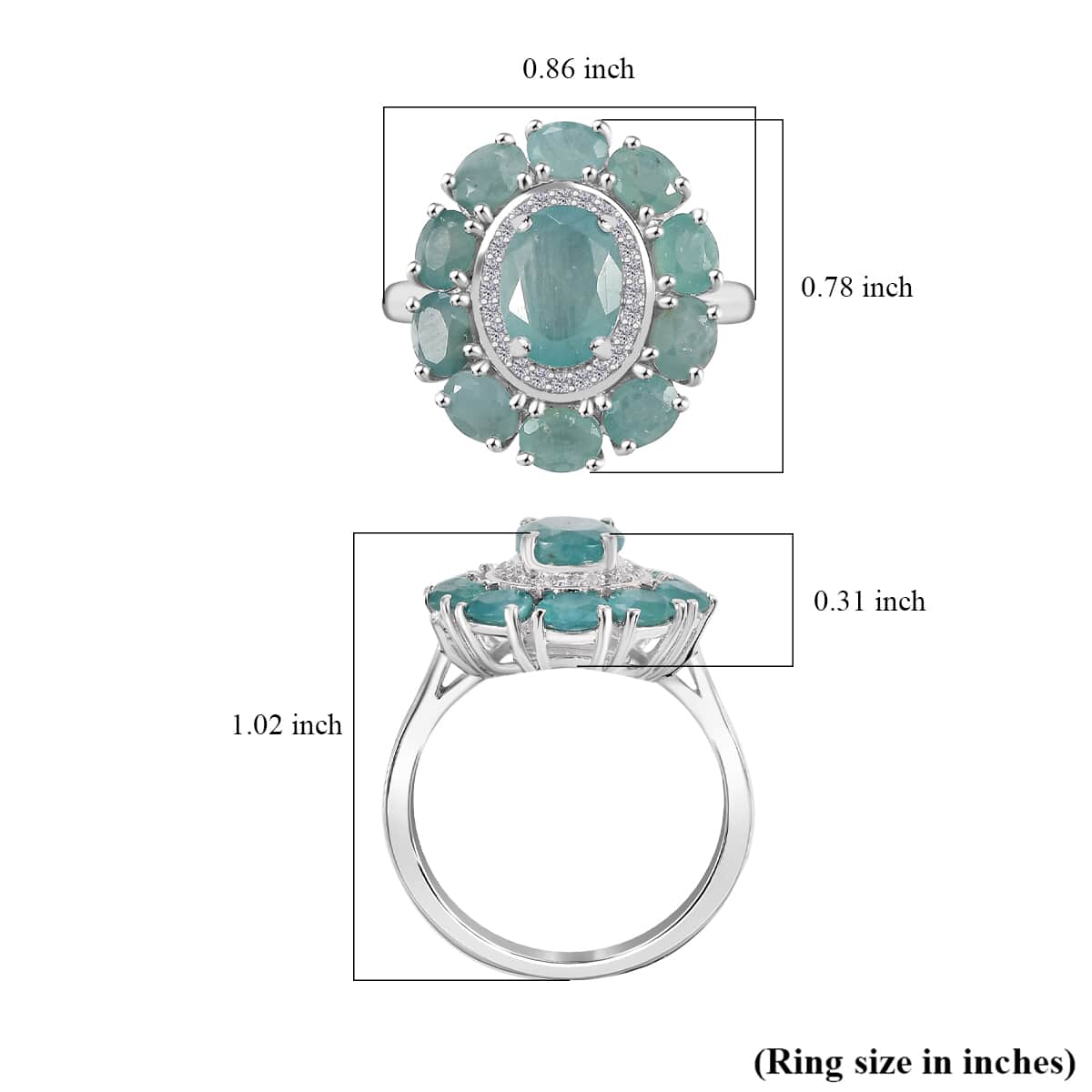 AAA Grandidierite and White Zircon 3.00 ctw Floral Ring in Rhodium Over Sterling Silver (Size 7.0) image number 4