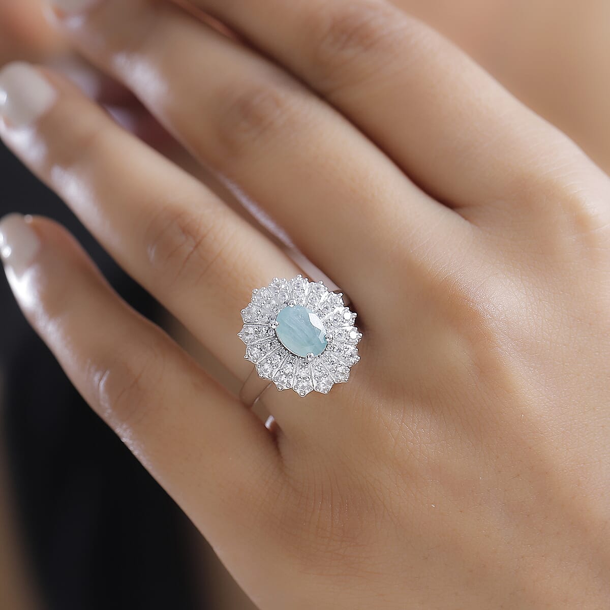 D'Joy Grandidierite and White Zircon 2.35 ctw Sunrays Ring in Rhodium Over Sterling Silver (Size 9.0) image number 2