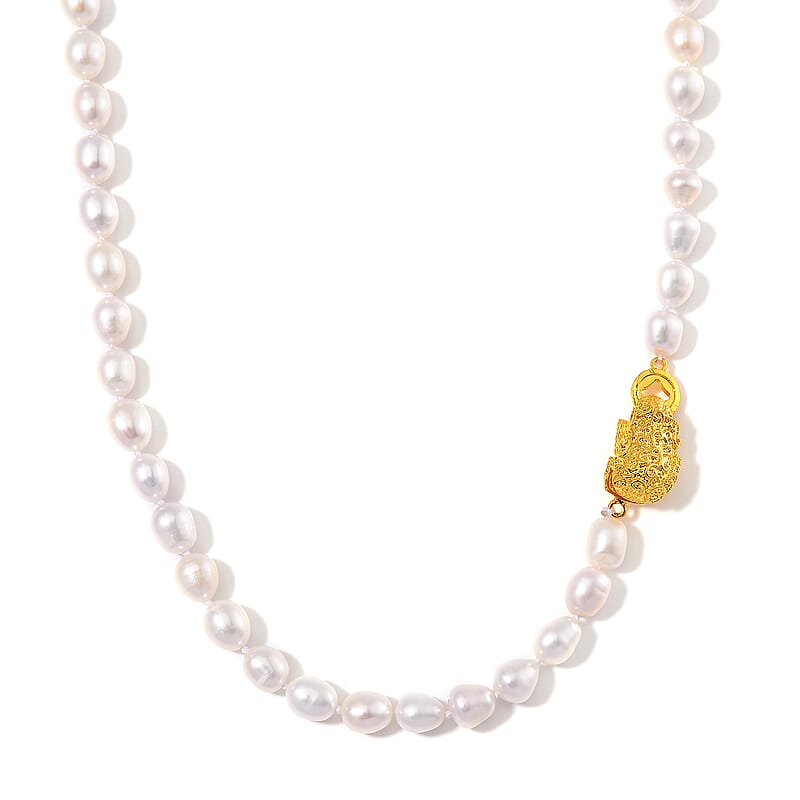 White Freshwater Pearl Necklace with Pixiu Charm in Goldtone 18 Inches