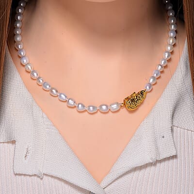 White Freshwater Pearl Necklace with Pixiu Charm in Goldtone 18 Inches