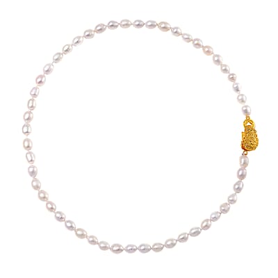 White Freshwater Pearl Necklace with Pixiu Charm in Goldtone 18 Inches