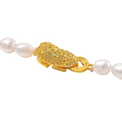 White Freshwater Pearl Necklace with Pixiu Charm in Goldtone 18 Inches