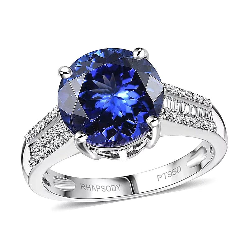 The Jennilee Certified & Appraised Rhapsody AAAA Tanzanite and E-F VS2 Diamond 4.40 ctw Statement Ring in 950 Platinum (Size 10.0) 6.30 Grams