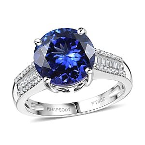 The Jennilee Certified & Appraised Rhapsody AAAA Tanzanite and E-F VS2 Diamond 4.40 ctw Statement Ring in 950 Platinum (Size 7.0) 6.30 Grams
