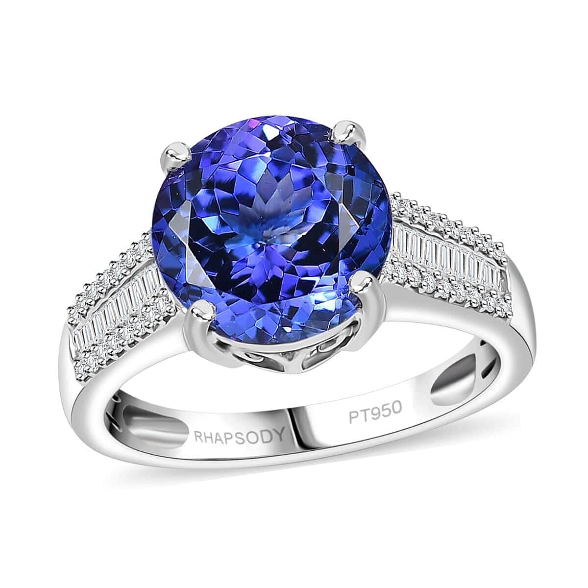 The Jennilee Certified & Appraised Rhapsody AAAA Tanzanite and E-F VS2 Diamond 4.40 ctw Statement Ring in 950 Platinum (Size 7.5) 6.30 Grams image number 0