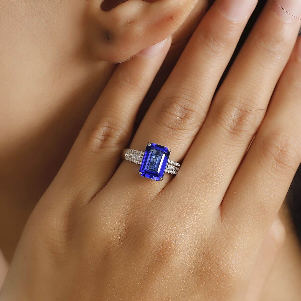 Doorbuster Certified & Appraised Rhapsody 950 Platinum AAAA Tanzanite, Diamond (E-F, VS2) (0.28 cts) Statement Ring (Size 10.0) (6 g) 4.30 ctw image number 2