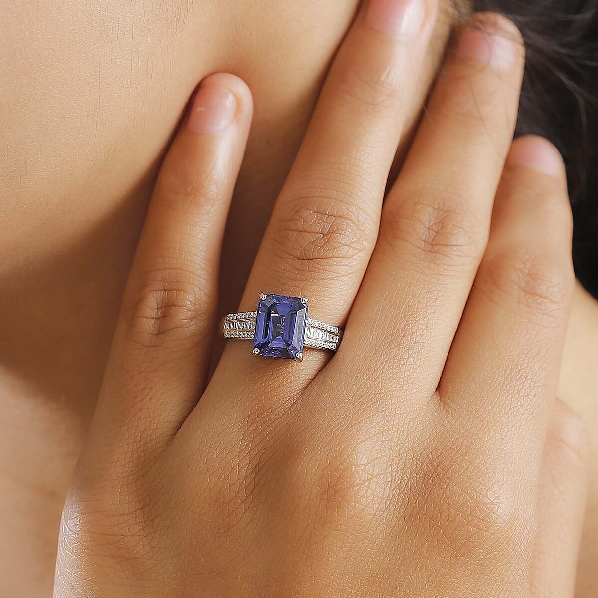 The Jennilee Certified & Appraised Rhapsody AAAA Tanzanite and E-F VS2 Diamond 4.30 ctw Statement Ring in 950 Platinum (Size 7.0) 6 Grams image number 2