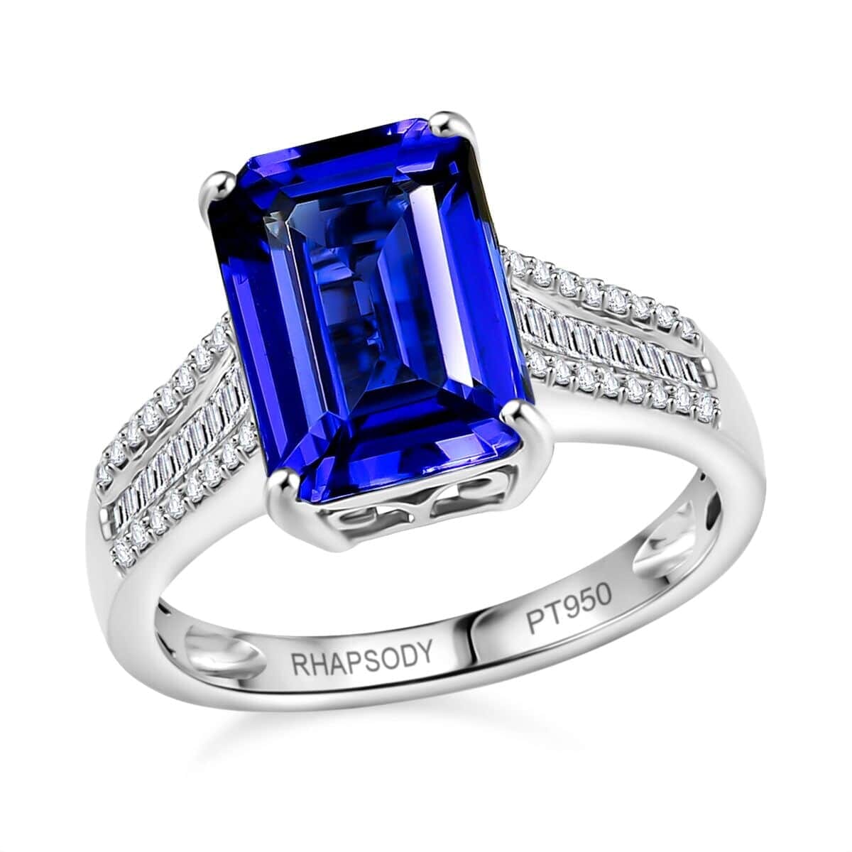 Certified & Appraised Rhapsody 950 Platinum AAAA Tanzanite, Diamond (E-F, VS2) (0.28 cts) Statement Ring (Size 7.5) (6 g) 4.30 ctw image number 0