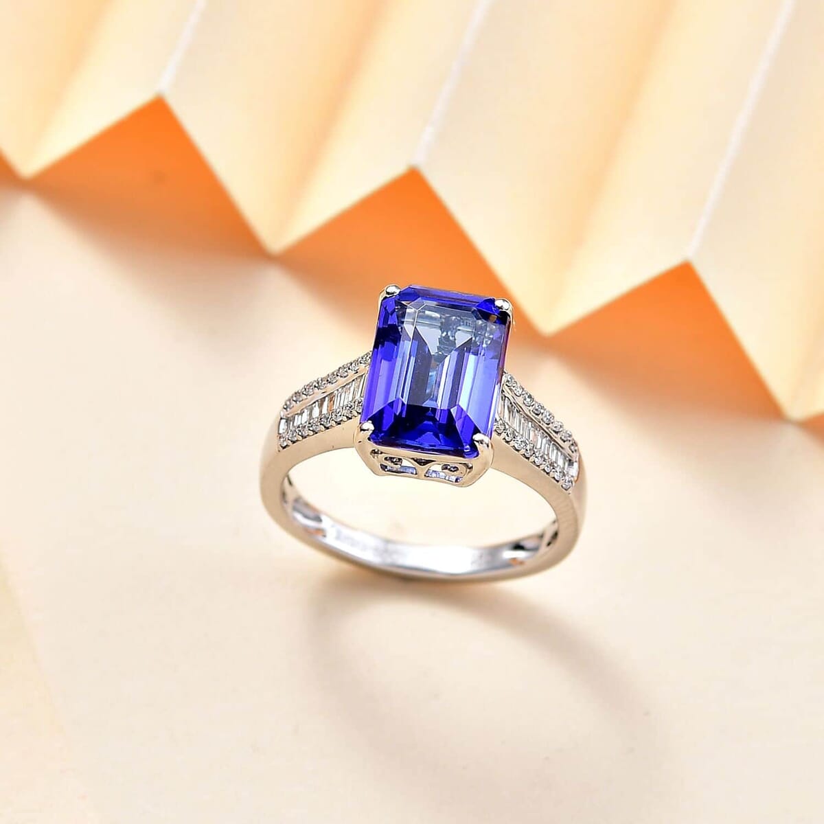Certified & Appraised Rhapsody 950 Platinum AAAA Tanzanite, Diamond (E-F, VS2) (0.28 cts) Statement Ring (Size 7.5) (6 g) 4.30 ctw image number 1