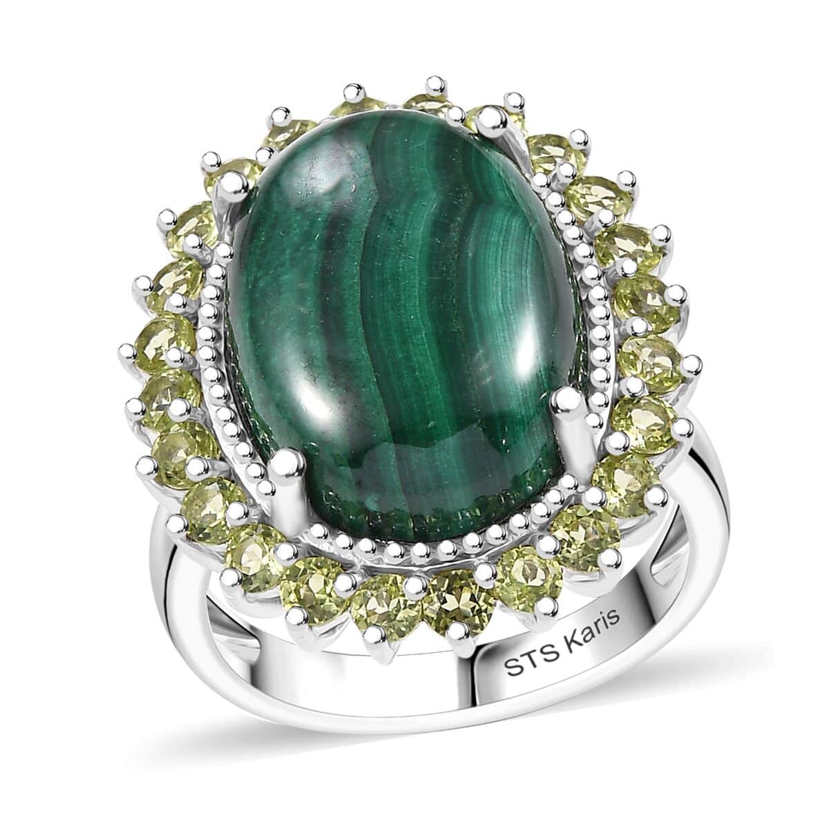 Karis African Malachite, Peridot Halo Ring in Platinum Bond (Size 10.0) 16.30 ctw image number 0