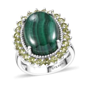 Karis African Malachite and Peridot 16.30 ctw Halo Ring in Platinum Bond (Size 10.0)